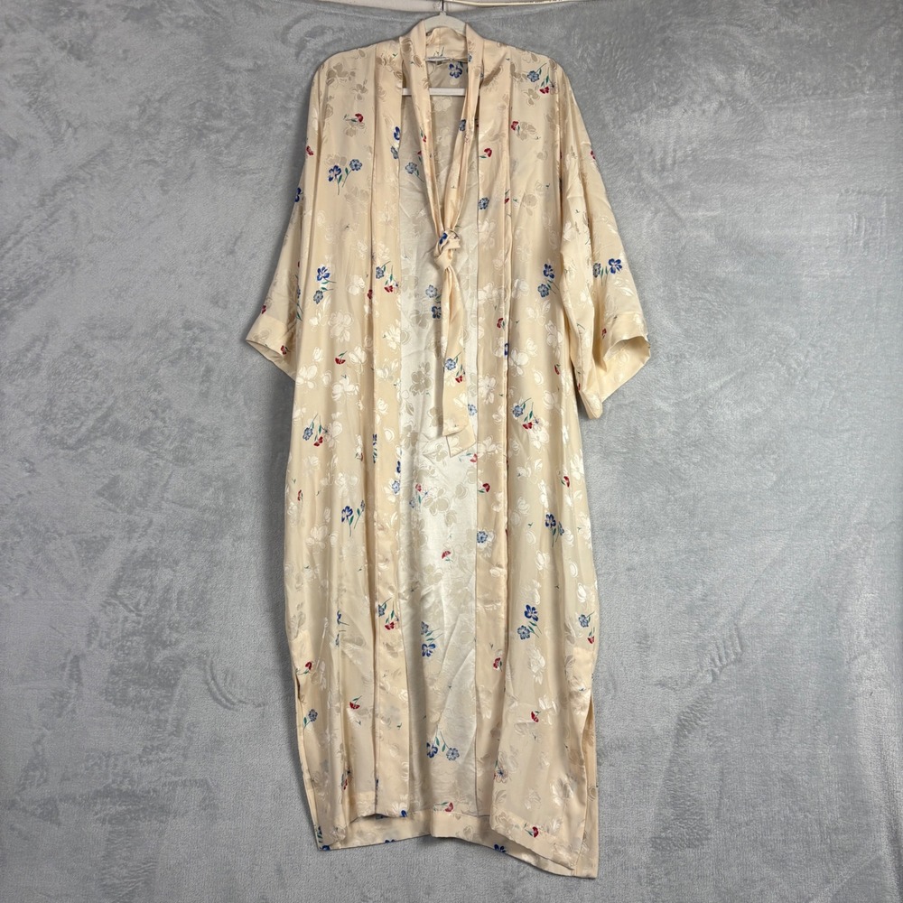 Vintage 100% Silk Kimono Floral Long Duster Robe Tie 90s Y2K Lounge Luxury